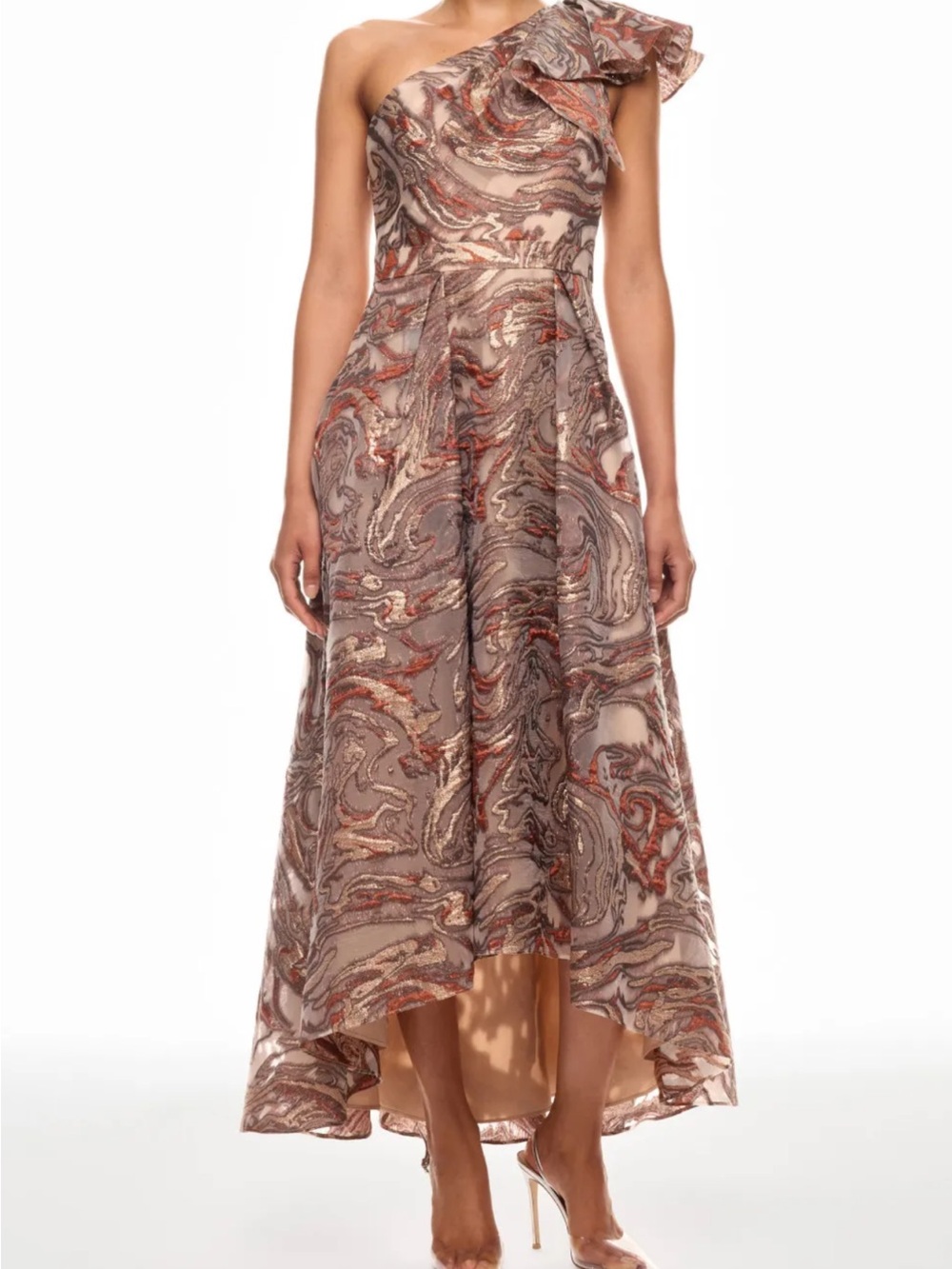 Adrianna Papell One-Shoulder Metallic Swirl Dress in Taupe, Copper and Cream
